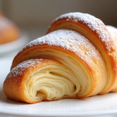A golden-brown almond croissant on a plate.