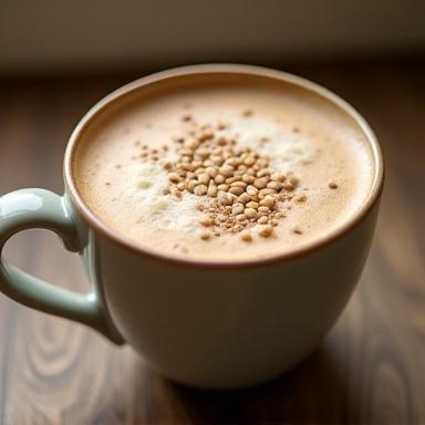 A warm wattle-seed latte in a ceramic mug.